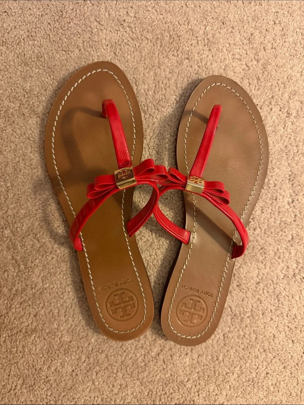 Tory Burch Red Bow Leather Thong Sandals